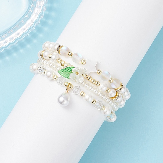 4шт 4 стили ракушки жемчуг круглые бусины эластичные браслеты, с искусственным жемчугом из АБС-пластика и стеклянными бусинами