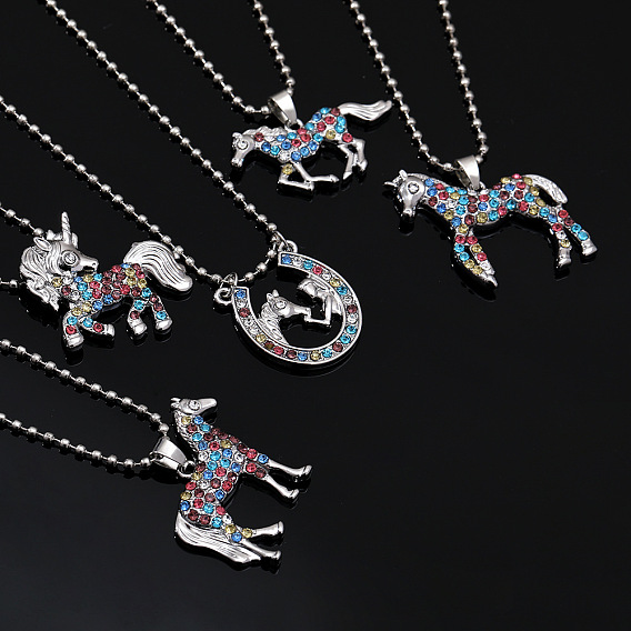 Сплав цветной горный хрусталь лошадь подкова единорог кулон ожерелья для ребенка, платина