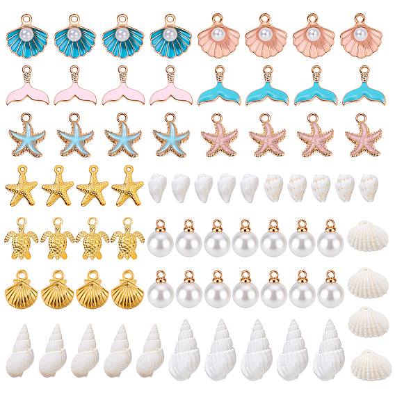 66 шт. 9 стили подвески из натуральной ракушки и цинкового сплава с эмалью, с абс пластмассовой имитационной жемчужиной, с 14шт. АБС-пластик, имитация грушевой скорлупы