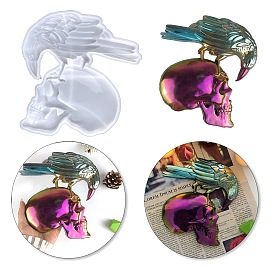 DIY Halloween Themed Display Decoration Silicone Molds, Resin Casting Molds, Skull with Raven