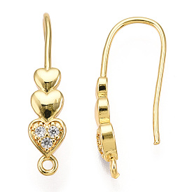 Brass Micro Pave Cubic Zirconia Earrings Hooks, Ear Wire with Horizontal Loops, Heart