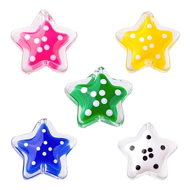 5Pcs 5 Colors Glass Beads, with Polka Dot Pattern, Star