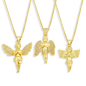 Gold Plated Angel Pendant Necklace with Micro Pave Cubic Zirconia - Hip Hop Jewelry