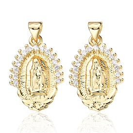 Brass Pendants, with Clear Cubic Zirconia, Oval with Religion Virgin Mary Charm