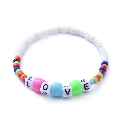 Stretch Bracelets, with Acrylic Beads and Glass Seed Beads, Word