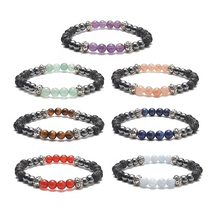 7 Stück 7 Stil natürliche und synthetische gemischte Edelsteine und Legierungsperlen-Stretch-Armbänder-Set für Frauen