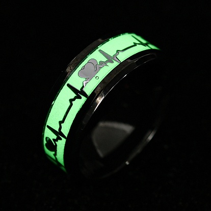 304 Stainless Steel Luminous Finger Rings, Heartbeat Enamel Glow in the Dark Wide Band Ring