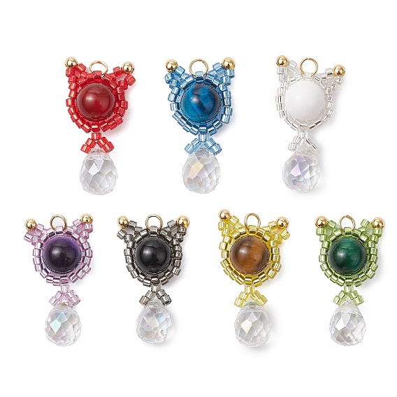 Подвески в форме кошки из натуральных драгоценных камней и стеклянных бусин ручной работы, с прыжковых колец