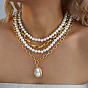 Collares multicapa con colgante ovalado de perla de imitación de hierro aleado, dorado