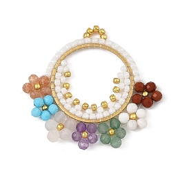 Faceted Round Natural Amethyst & Green Aventurine & Red Jasper & Howlit & Sunstone & Rose Quartz & Dyed Magnesite & Glass Seed Beaded Chakra Pendants, 304 Stainless Steel Ring with Flower Charms