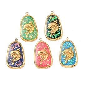 304 подвески из нержавеющей стали, эпоксидной смолы, с натуральными ракушками и пайетками внутри, каплевидная с подвесками в виде дельфинов, реальный 18 k позолоченный, вакуумное покрытие pvd