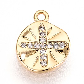 Латунные микропаве прозрачные подвески с фианитом, плоские круглые с поперечными прелести, без кадмия, без никеля и без свинца