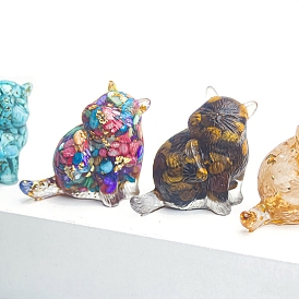 Cat Shape Resin Display Decorations, Gemstone/Shell Chips Inside for Car & Home Office Desktop Ornament