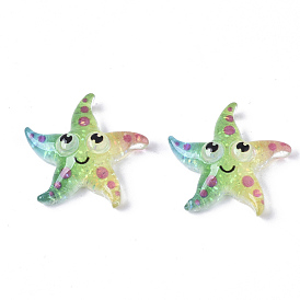 Resin Cabochons, with Glitter Powder, Starfish, Colorful