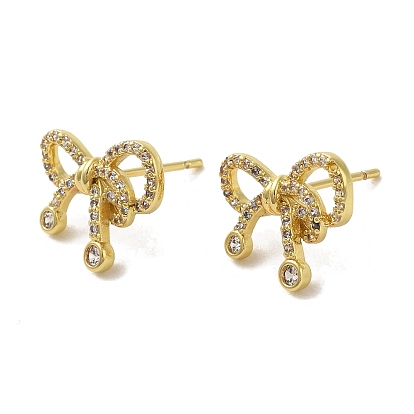 Rack Plating Brass Micro Pave Cubic Zirconia Studs Earrings, Long-Lasting Plated, Lead Free & Cadmium Free, Bowknot