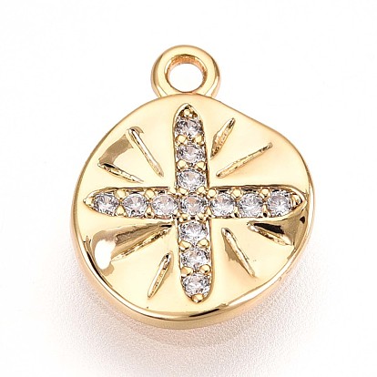 Латунные микропаве прозрачные подвески с фианитом, плоские круглые с поперечными прелести, без кадмия, без никеля и без свинца