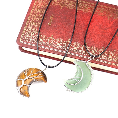 Natural & Synthetic Mixed Gemstone Crescent Moon Pendant Necklaces, with Copper Wire