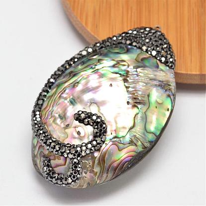 Овальные Пауа оболочки горный хрусталь большие подвески, с латунной фурнитурой платинового цвета, 64x40x20 мм, отверстие : 1 мм