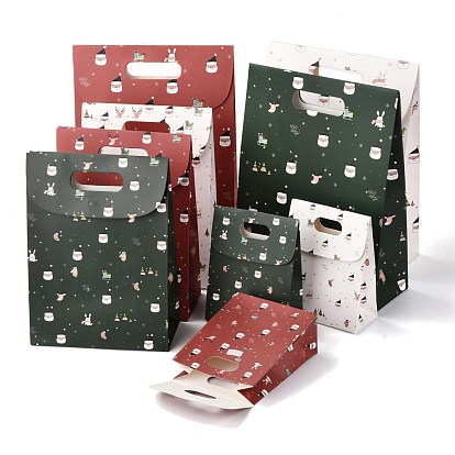 Christmas Themed Pattern Rectangle Kraft Paper Flip Bags, with Handle, Gift Bags, Shopping Bags