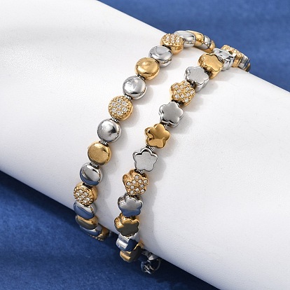 Duo Tone 304 Stainless Steel Micro Pave Clear Cubic Zirconia Beaded Bracelets