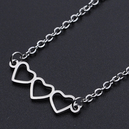 201 Stainless Steel Pendant Necklaces, with Cable Chains and Lobster Claw Clasps, 3-Heart