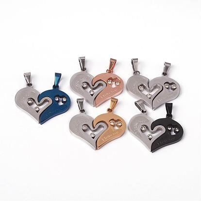 304 Stainless Steel Pendants, Split Heart, with Rhinestones and Word I Love You, For Valentine's Day, 25x30x3mm, Hole: 3.5x7mm