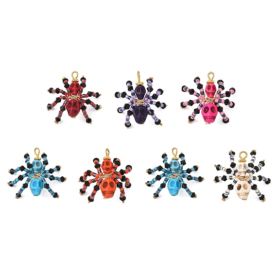 Подвески из окрашенной синтетической бирюзы и стеклянных бусин на тему Хэллоуина, подвески в виде черепа-паука