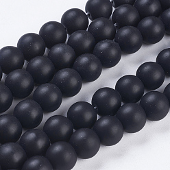 Synthétiques pierre noire brins de perles, givré, ronde