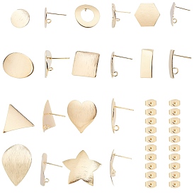 SUNNYCLUE Brass Stud Earring Findings, with Loop and Brass Ear Nuts, Mixed Shapes, Real 18K Gold Plated
