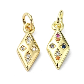 Brass Micro Pave Cubic Zirconia Pendants, with Jump Ring, Real 18K Gold Plated, Rhombus Charm