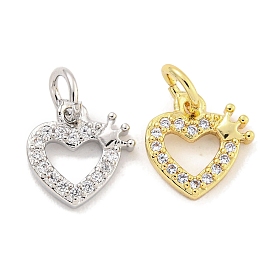 Rack Plating Brass Micro Pave Clear Cubic Zirconia Pendants, with Jump Rings, Long-Lasting Plated, Lead Free & Cadmium Free, Heart