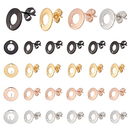 40Pcs 4 Colors Flat Round 304 Stainless Steel Stud Earring Findings, with Loop & Earring Backs