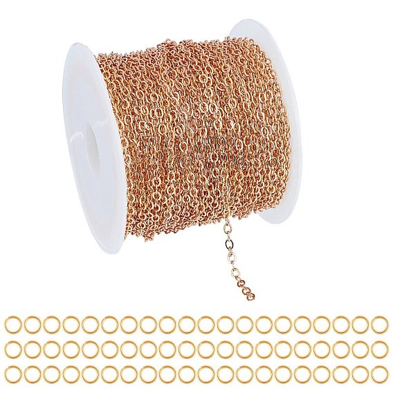 Brass Cable Chains, Soldered, with Spool, Flat Oval, with Jump Rings