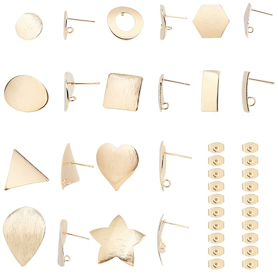 Brass Stud Earring Findings, with Loop and Brass Ear Nuts, Mixed Shapes, Real 18K Gold Plated