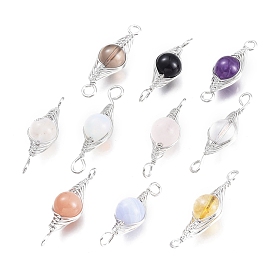 Gemstone Links Connectors, Wire Wrapped Links, with Platinum Tone Brass Wires, Round
