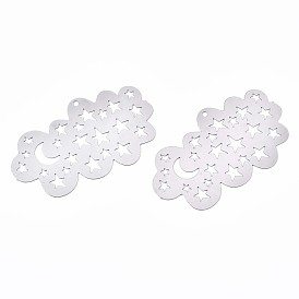 201 Stainless Steel Filigree Pendants, Etched Metal Embellishments, Cloud with Moon & Star
