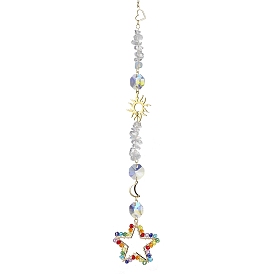 Glass Beads Wrapped Star Hanging Ornaments, Opalite Chipa and Alloy Suncatchers for Home Outdoor Decoration, Sun & Moon