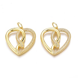 Brass Micro Pave Clear Cubic Zirconia Pendants, Long-Lasting Plated, With Jump Rings, Heart with Snake