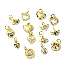 Real 18K Gold Plated Brass Pave Cubic Zirconia Pendants, with Jump Rings, Heart