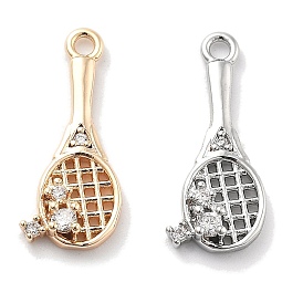 Rack Plating Brass Clear Cubic Zirconia Pendants, Long-Lasting Plated, Racket Charms