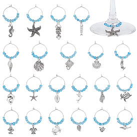 21шт стеклянные подвески для бокалов для вина, с сплава прелести, морские животные, латунное кольцо-подвеска для бокала для вина