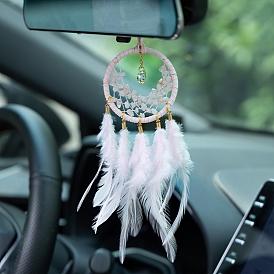Natural Rose Quartz Chip Woven Web/Net with Feather Hanging Ornaments, with Iron Ring for Home Car Decorations