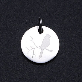 201 Stainless Steel Charms, with Jump Rings, Flat Round with Bird