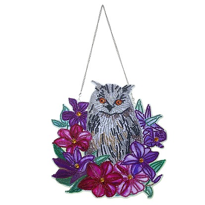 Owl with Flower DIY Diamond Painting Window Hanging Decoration Kits, including Plastic Pendant, Resin Rhinestones, Diamond Sticky Pen, Tray Plate and Glue Clay