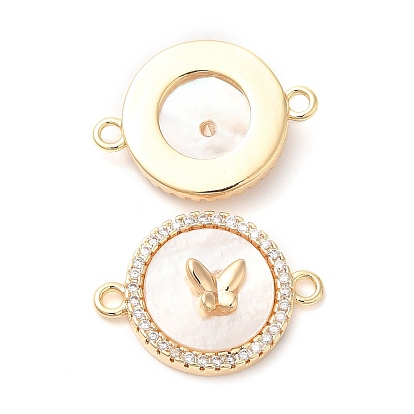 Brass Micro Pave Clear Cubic Zirconia Connector Charms, with Shell, Flat Round Links with Butterfly
