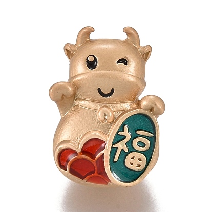 Alloy Enamel Beads, Cattle with Chinese Character Fu, Matte Gold Color