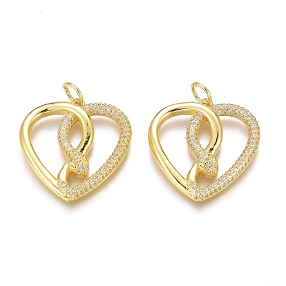 Brass Micro Pave Clear Cubic Zirconia Pendants, Long-Lasting Plated, With Jump Rings, Heart with Snake