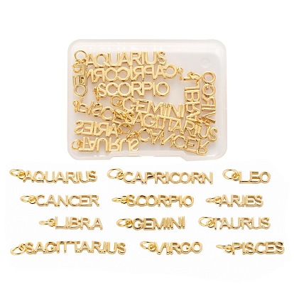 12 pcs 12 pendentifs en laiton doré de style, avec des anneaux de saut, plaqué longue durée, mot 12 constellation / signe du zodiaque