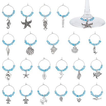 21шт стеклянные подвески для бокалов для вина, с сплава прелести, морские животные, латунное кольцо-подвеска для бокала для вина