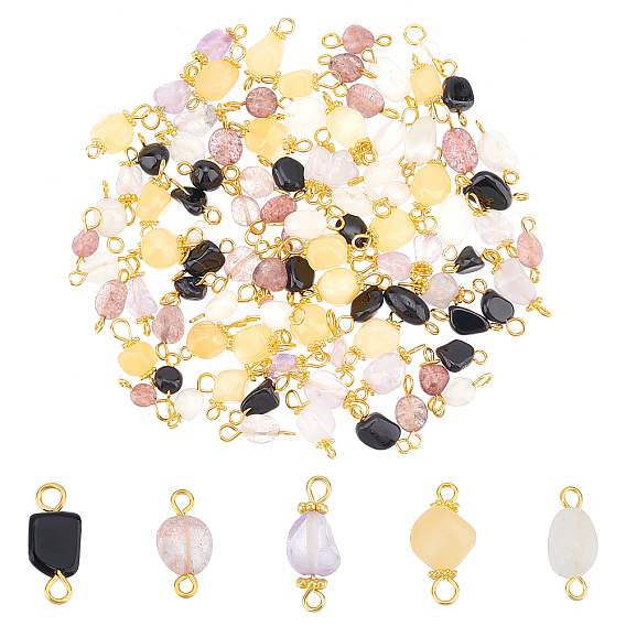 100шт 5 стиль натуральный камень соединительные подвески, натуральный турмалин, лунный камень, топаз, нефрит, аметист и клубничный кварц, с железной фурнитурой золотого цвета, самородки